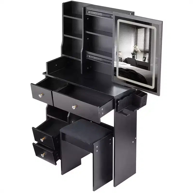 Coiffeuse avec miroir et lumières, Petite table de maquillage avec tiroirs et armoire, Coiffeuse avec tabouret et prise de courant pour chambre à coucher
