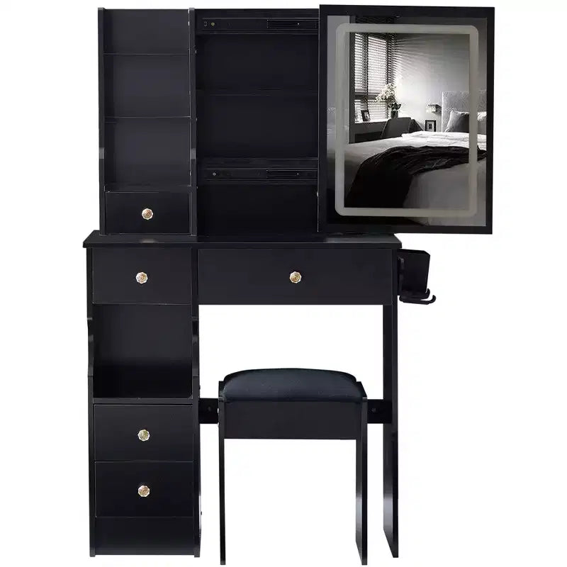 Coiffeuse avec miroir et lumières, Petite table de maquillage avec tiroirs et armoire, Coiffeuse avec tabouret et prise de courant pour chambre à coucher