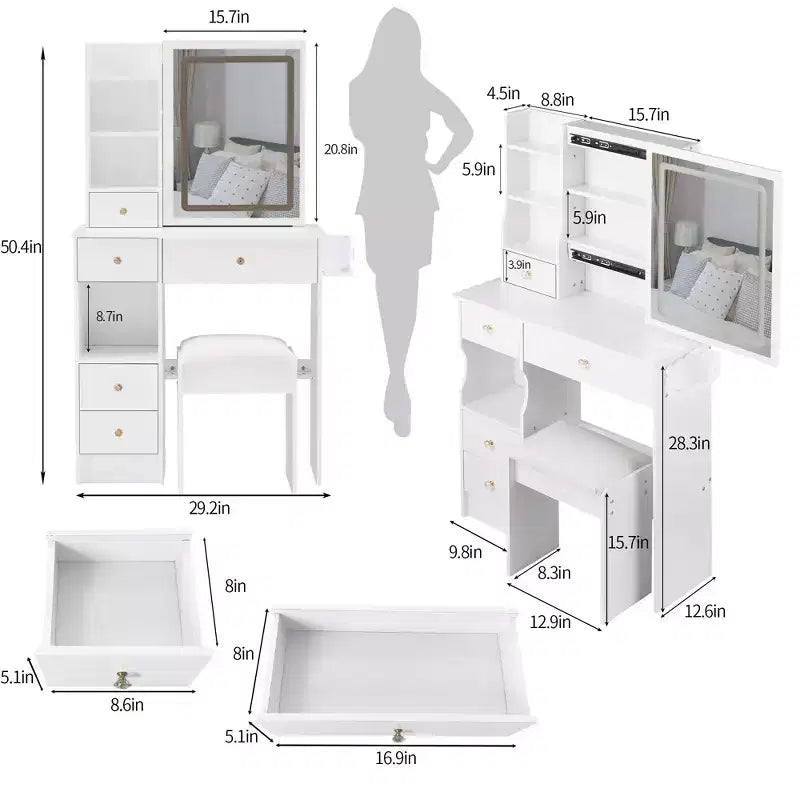 Coiffeuse avec miroir et lumières, Petite table de maquillage avec tiroirs et armoire, Coiffeuse avec tabouret et prise de courant pour chambre à coucher