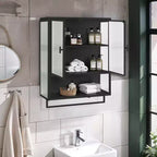 Modern Black Wall Cabinet with Glass Doors, Open Shelf, Towel Rack & 2-Tier Storage for Living Room, Dining Room, or Bathroom
