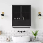 Meuble mural moderne noir avec portes en verre, étagère ouverte, porte-serviettes et rangement à 2 niveaux pour salon, salle à manger ou salle de bain