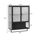 Meuble mural moderne noir avec portes en verre, étagère ouverte, porte-serviettes et rangement à 2 niveaux pour salon, salle à manger ou salle de bain