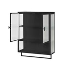 Meuble mural moderne noir avec portes en verre, étagère ouverte, porte-serviettes et rangement à 2 niveaux pour salon, salle à manger ou salle de bain