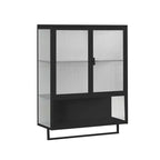 Meuble mural moderne noir avec portes en verre, étagère ouverte, porte-serviettes et rangement à 2 niveaux pour salon, salle à manger ou salle de bain