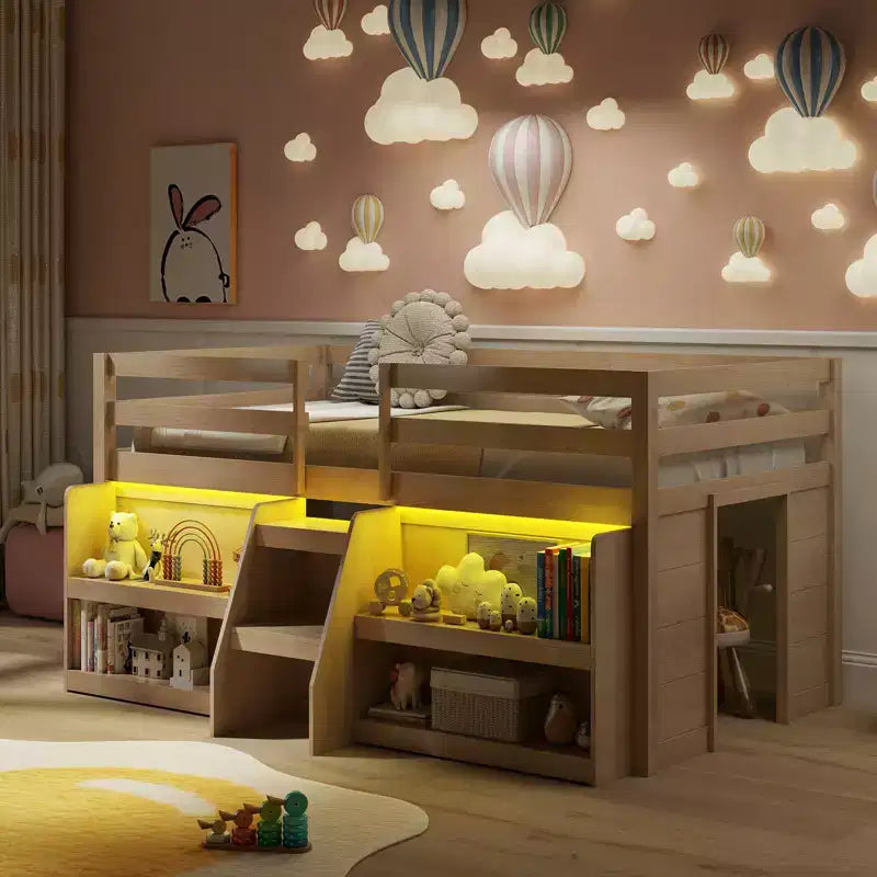 Lit mezzanine simple Costway avec lumières LED, escalier, barrière de sécurité et rangement sous le lit