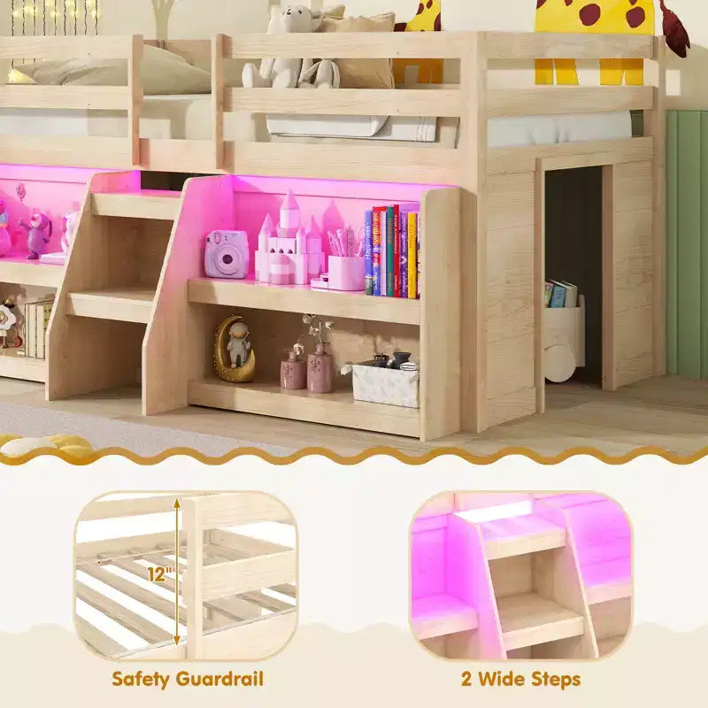 Lit mezzanine simple Costway avec lumières LED, escalier, barrière de sécurité et rangement sous le lit