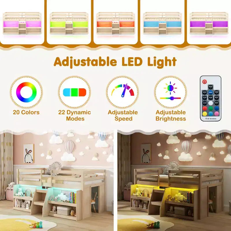 Lit mezzanine simple Costway avec lumières LED, escalier, barrière de sécurité et rangement sous le lit
