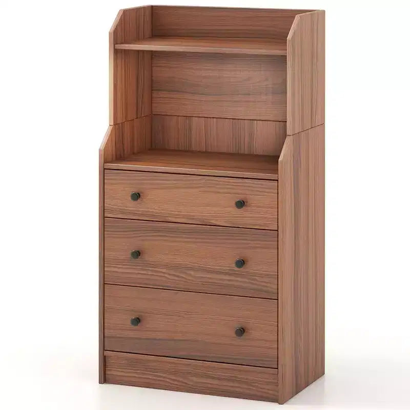 Commode à 3 tiroirs Costway, 44 po de hauteur, meuble de rangement en bois avec 2 étagères ouvertes, Noyer