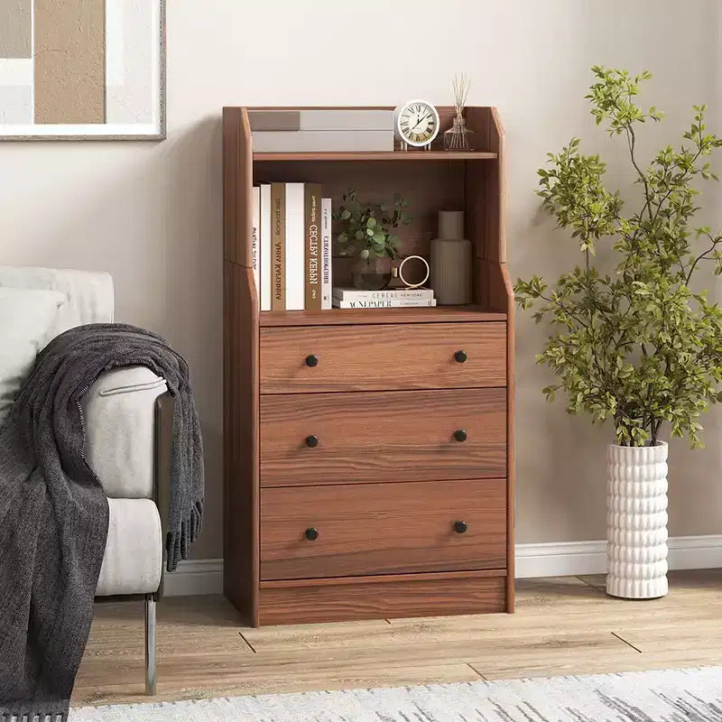 Commode à 3 tiroirs Costway, 44 po de hauteur, meuble de rangement en bois avec 2 étagères ouvertes, Noyer