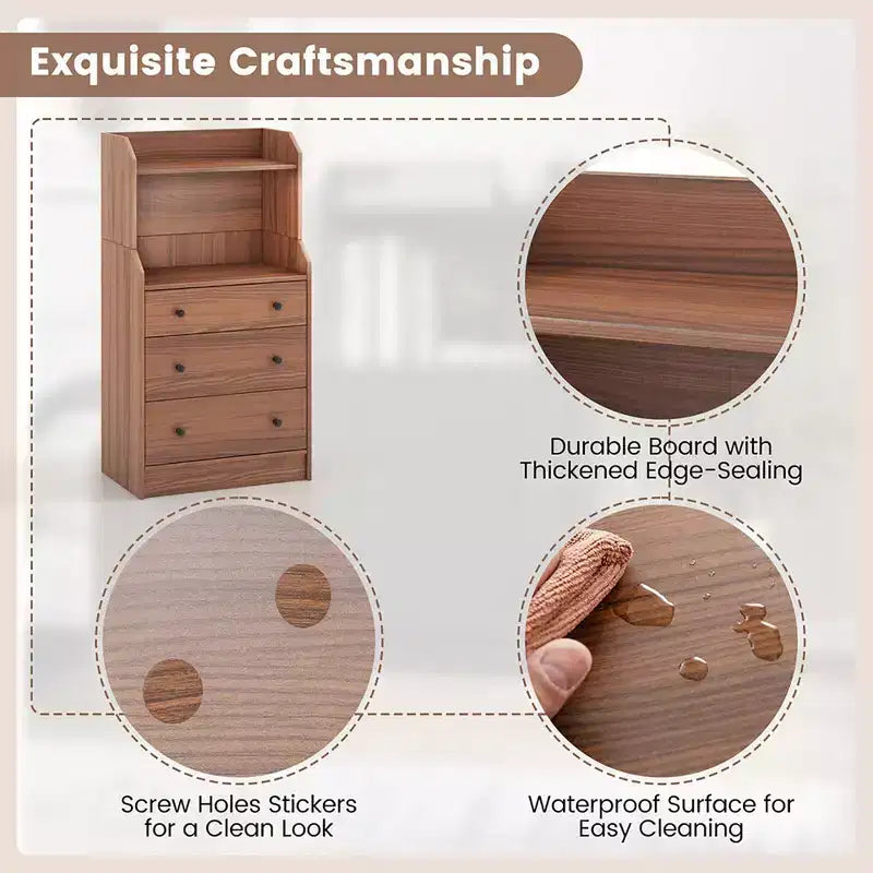 Commode à 3 tiroirs Costway, 44 po de hauteur, meuble de rangement en bois avec 2 étagères ouvertes, Noyer