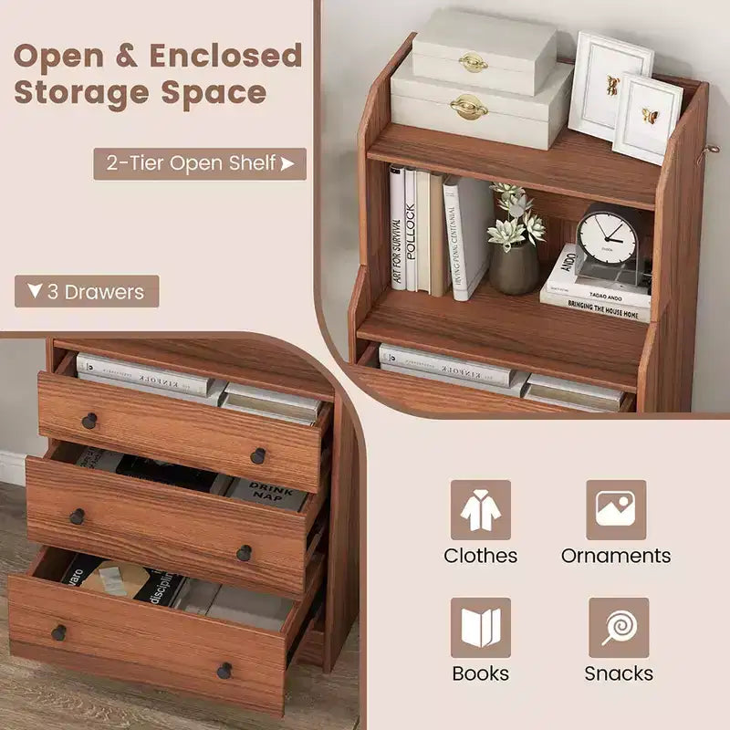 Commode à 3 tiroirs Costway, 44 po de hauteur, meuble de rangement en bois avec 2 étagères ouvertes, Noyer