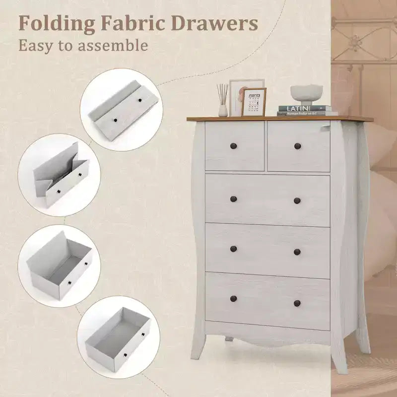 Costway Lot de 2 commodes de 96,5 cm style Ferme avec 5 tiroirs pliables en tissu et kit anti-basculement
