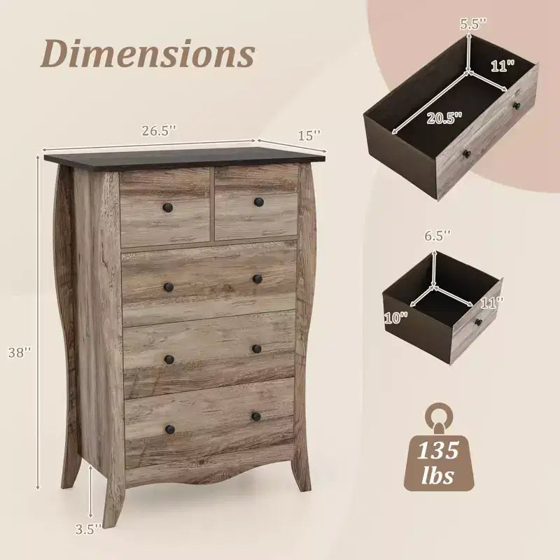 Costway Lot de 2 commodes de 96,5 cm style Ferme avec 5 tiroirs pliables en tissu et kit anti-basculement