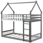 Costway Twin Over Twin Bunk Bed w/ Fence & Ladder Solid Wood Floor Bunk Bed for Kids Gray