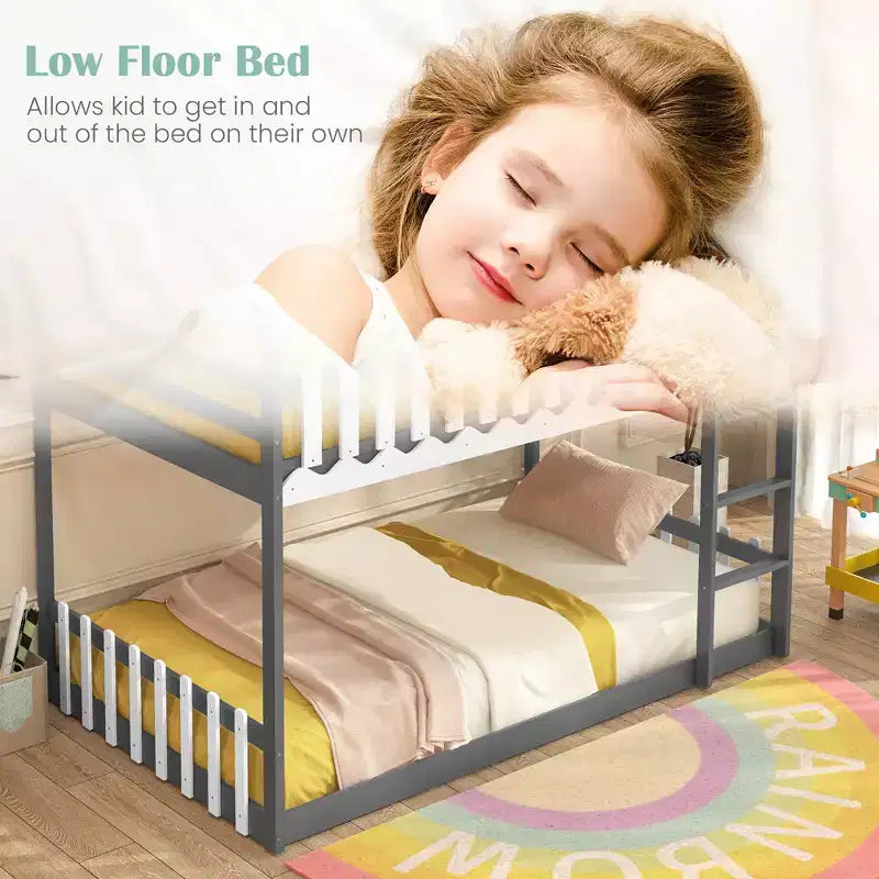 Costway Lit superposé jumeau sur jumeau avec clôture et échelle en bois massif pour enfants gris