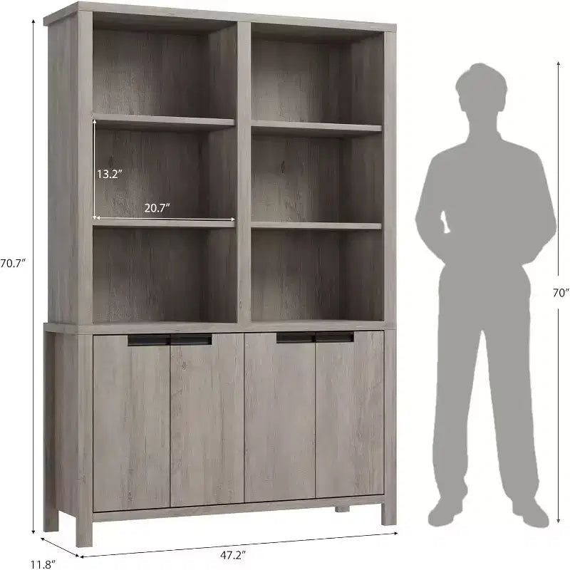 Bibliothèque de ferme de 70,7 po avec portes, étagère réglable, bibliothèque et armoire en bois à double largeur à 5 niveaux pour le salon, le bureau ou la bibliothèque
