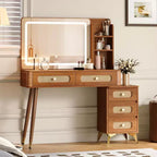 Coiffeuse Okak de 47 po avec miroir réglable à 3 modes, coiffeuse avec tiroir en rotin, table de toilette pour chambre à coucher, salon