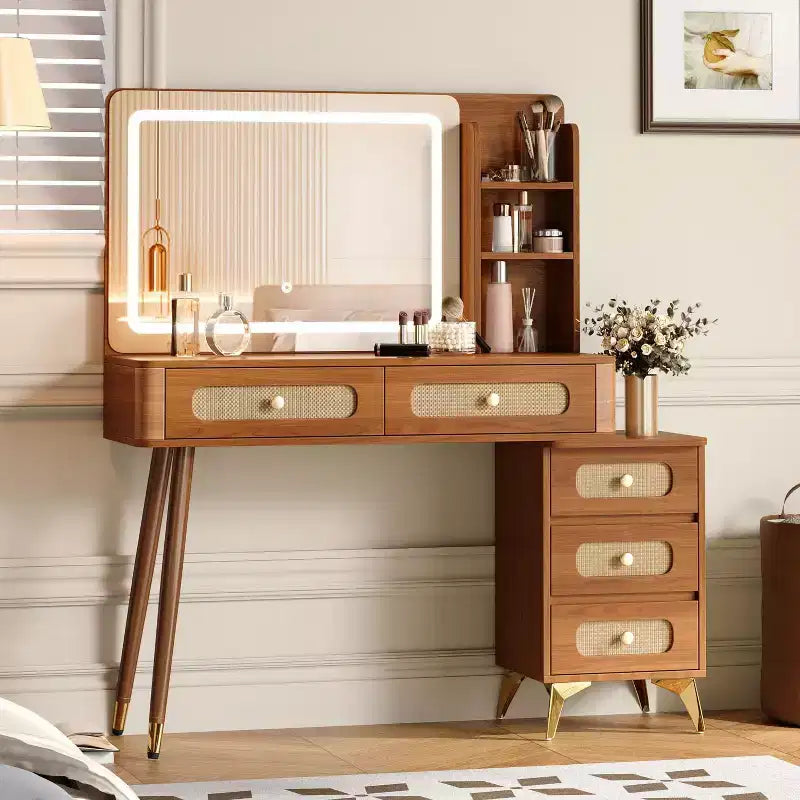 Coiffeuse Okak de 47 po avec miroir réglable à 3 modes, coiffeuse avec tiroir en rotin, table de toilette pour chambre à coucher, salon