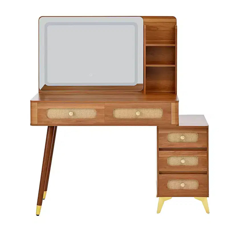 Coiffeuse Okak de 47 po avec miroir réglable à 3 modes, coiffeuse avec tiroir en rotin, table de toilette pour chambre à coucher, salon