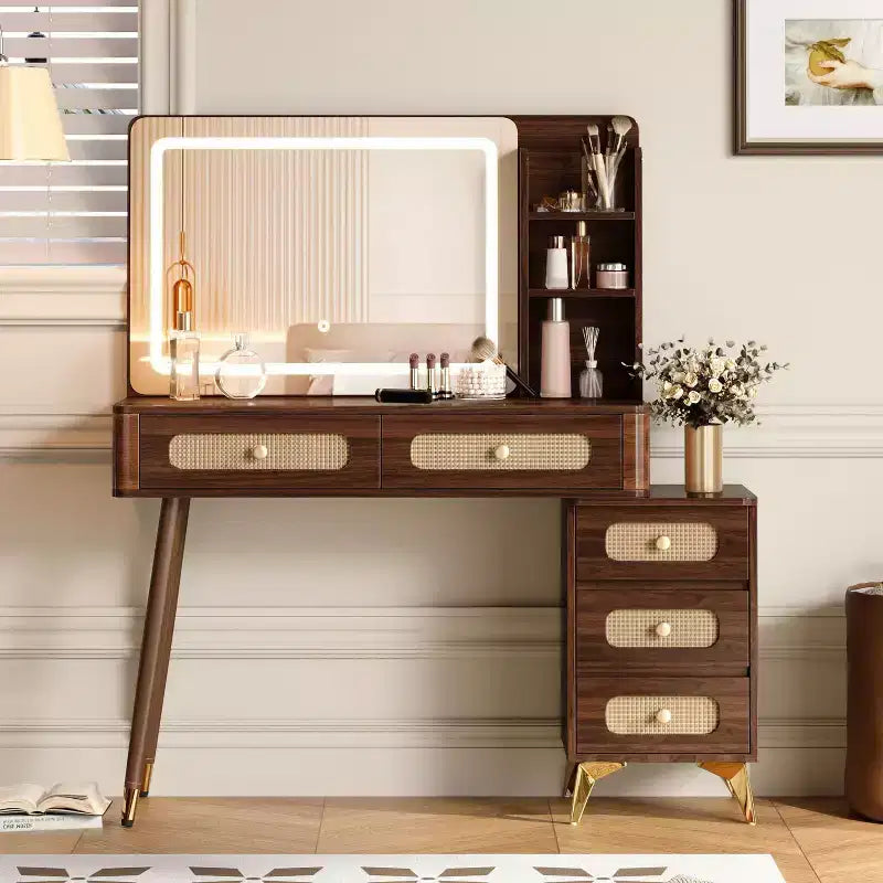 Coiffeuse Okak de 47 po avec miroir réglable à 3 modes, coiffeuse avec tiroir en rotin, table de toilette pour chambre à coucher, salon