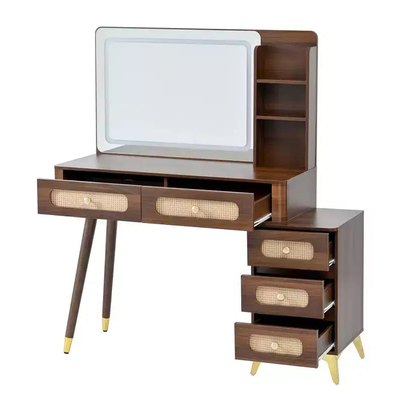 Coiffeuse Okak de 47 po avec miroir réglable à 3 modes, coiffeuse avec tiroir en rotin, table de toilette pour chambre à coucher, salon