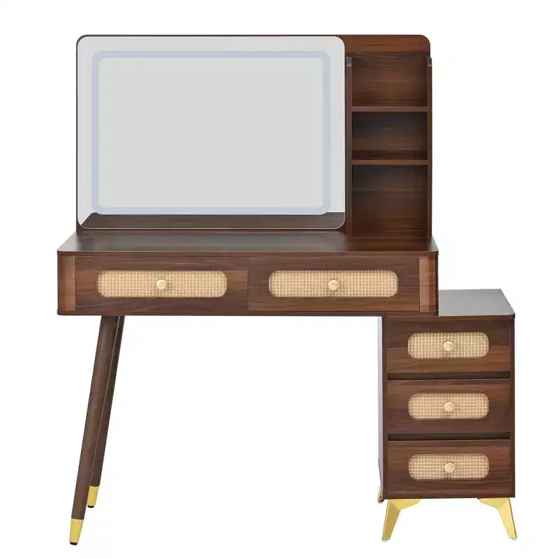 Coiffeuse Okak de 47 po avec miroir réglable à 3 modes, coiffeuse avec tiroir en rotin, table de toilette pour chambre à coucher, salon