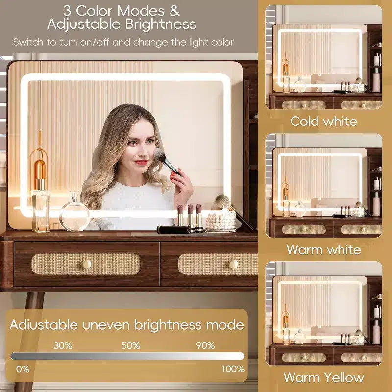 Coiffeuse Okak de 47 po avec miroir réglable à 3 modes, coiffeuse avec tiroir en rotin, table de toilette pour chambre à coucher, salon