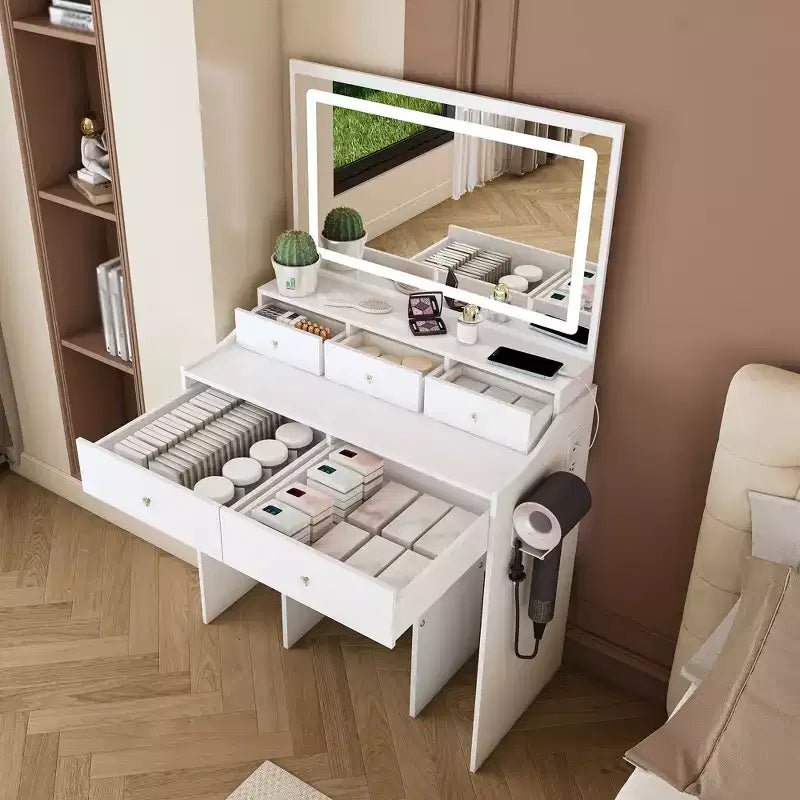 Coiffeuse Okak avec grand miroir réglable 3 couleurs, coiffeuse avec prise de courant et support de sèche-cheveux, coiffeuse compacte pour chambre à coucher
