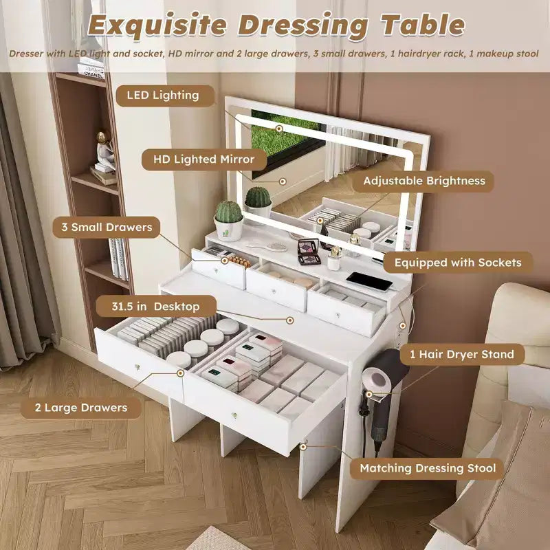 Coiffeuse Okak avec grand miroir réglable 3 couleurs, coiffeuse avec prise de courant et support de sèche-cheveux, coiffeuse compacte pour chambre à coucher