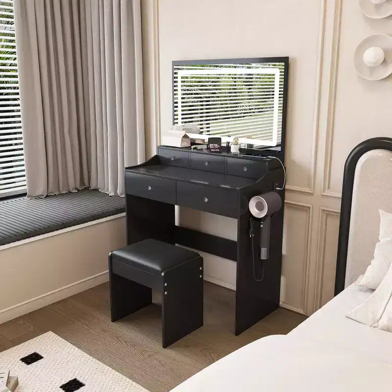 Coiffeuse Okak avec grand miroir réglable 3 couleurs, coiffeuse avec prise de courant et support de sèche-cheveux, coiffeuse compacte pour chambre à coucher