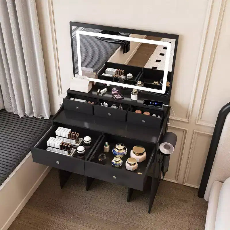 Coiffeuse Okak avec grand miroir réglable 3 couleurs, coiffeuse avec prise de courant et support de sèche-cheveux, coiffeuse compacte pour chambre à coucher
