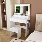 Coiffeuse Okak avec grand miroir réglable 3 couleurs, coiffeuse avec prise de courant et support de sèche-cheveux, coiffeuse compacte pour chambre à coucher