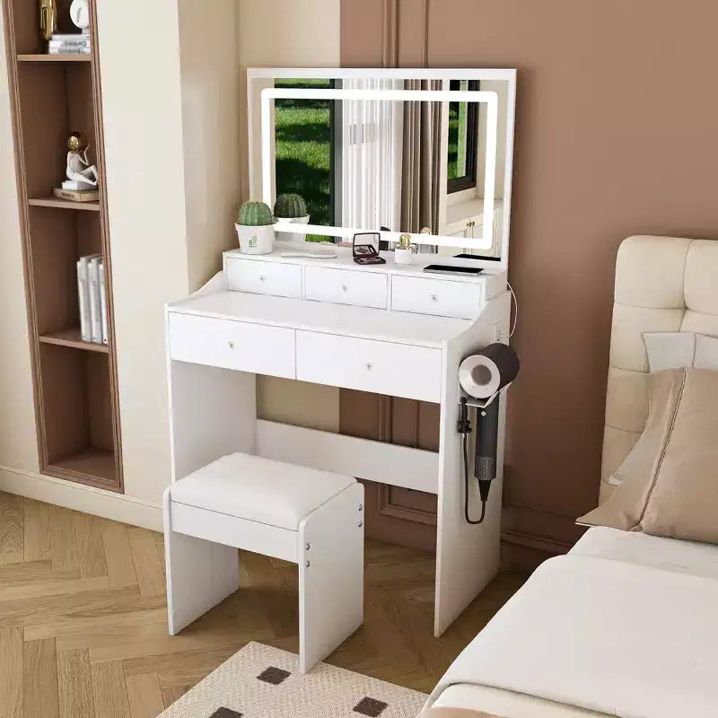 Coiffeuse Okak avec grand miroir réglable 3 couleurs, coiffeuse avec prise de courant et support de sèche-cheveux, coiffeuse compacte pour chambre à coucher