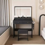 Okak Makeup Vanity with Large 3 Color Adjustable Mirror, Vanity Desk with Power Outlet and Hair Dryer Holder, Compact Vanity for Bedroom