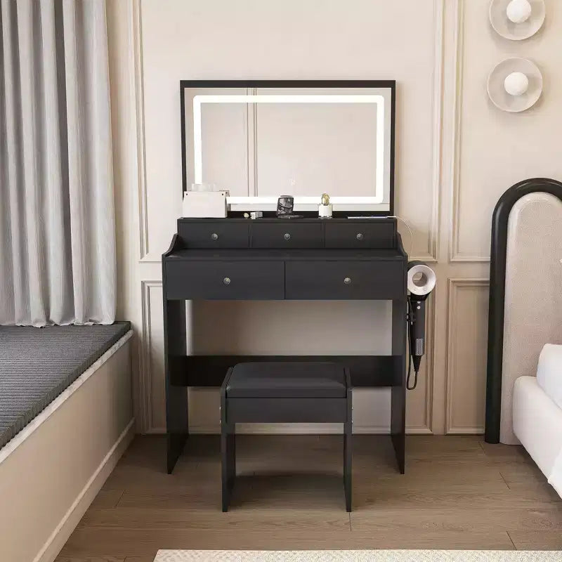 Okak Makeup Vanity with Large 3 Color Adjustable Mirror, Vanity Desk with Power Outlet and Hair Dryer Holder, Compact Vanity for Bedroom