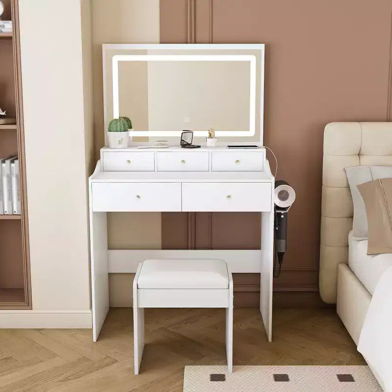 Coiffeuse Okak avec grand miroir réglable 3 couleurs, coiffeuse avec prise de courant et support de sèche-cheveux, coiffeuse compacte pour chambre à coucher