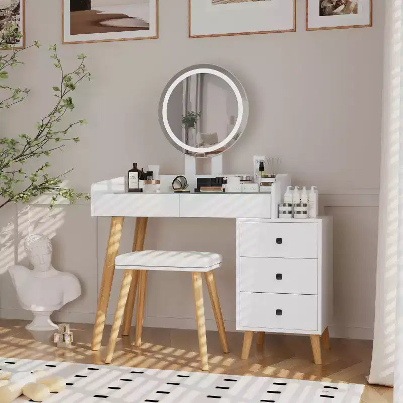 Coiffeuse moderne Okak avec miroir LED, coiffeuse avec design extensible et 1 tabouret, coiffeuse pour fille pour chambre à coucher, salon, blanc