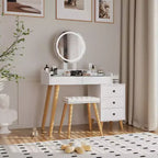 Coiffeuse moderne Okak avec miroir LED, coiffeuse avec design extensible et 1 tabouret, coiffeuse pour fille pour chambre à coucher, salon, blanc