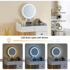 Coiffeuse moderne Okak avec miroir LED, coiffeuse avec design extensible et 1 tabouret, coiffeuse pour fille pour chambre à coucher, salon, blanc