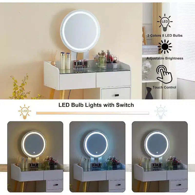 Coiffeuse moderne Okak avec miroir LED, coiffeuse avec design extensible et 1 tabouret, coiffeuse pour fille pour chambre à coucher, salon, blanc