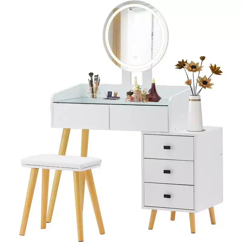 Coiffeuse moderne Okak avec miroir LED, coiffeuse avec design extensible et 1 tabouret, coiffeuse pour fille pour chambre à coucher, salon, blanc