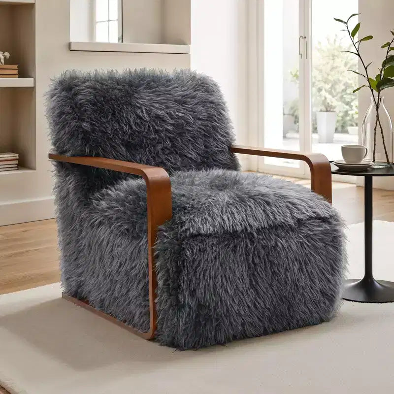 Fauteuil d'appoint en fausse fourrure TUYOHW de 72 cm de large, fauteuil de salon rembourré avec accoudoirs incurvés en bois, ressorts ensachés, fauteuil pour salon, chambre à coucher