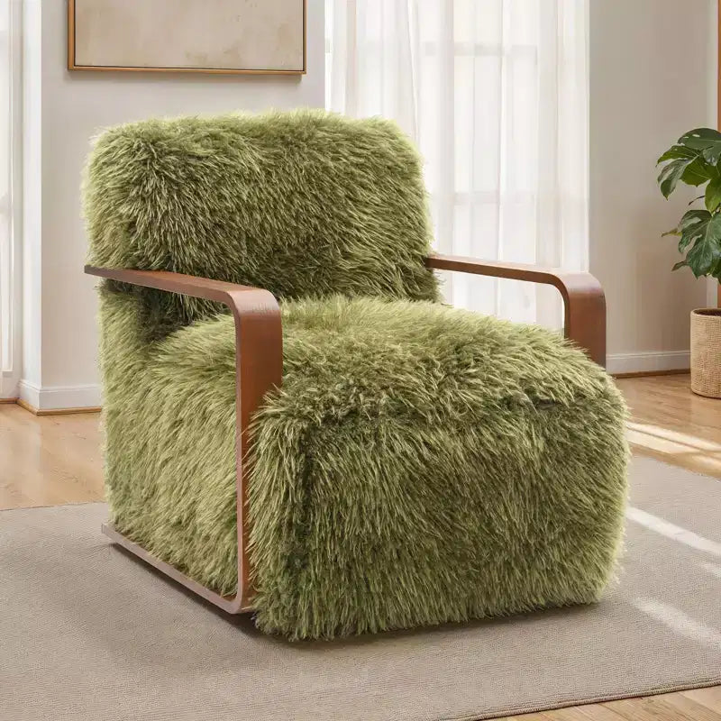 Fauteuil d'appoint en fausse fourrure TUYOHW de 72 cm de large, fauteuil de salon rembourré avec accoudoirs incurvés en bois, ressorts ensachés, fauteuil pour salon, chambre à coucher