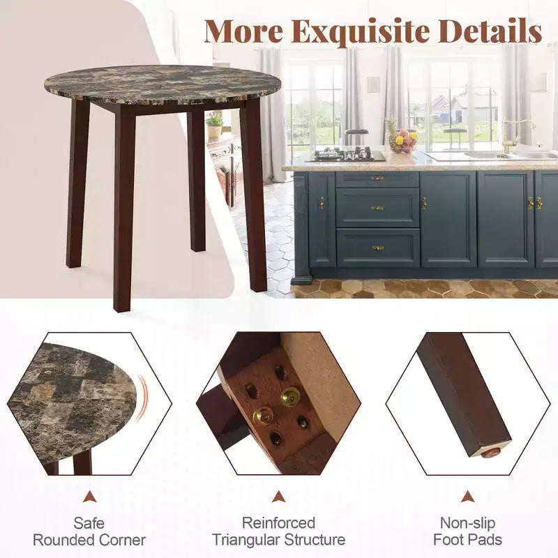 Costway 35 Table de cuisine ronde avec plateau en placage texturé marbre