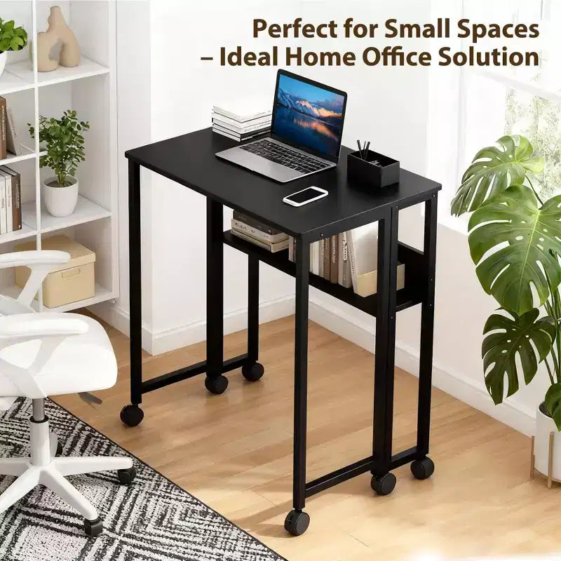 Bureau pliable petit bureau roulant avec étagère de rangement, table d'ordinateur pliable de 80 cm pour petits espaces, table de canapé peu encombrante avec roulettes