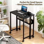 Bureau pliable petit bureau roulant avec étagère de rangement, table d'ordinateur pliable de 80 cm pour petits espaces, table de canapé peu encombrante avec roulettes