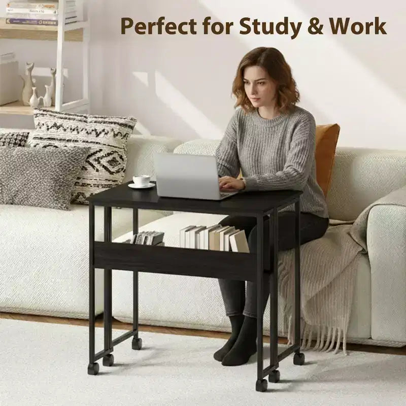 Bureau pliable petit bureau roulant avec étagère de rangement, table d'ordinateur pliable de 80 cm pour petits espaces, table de canapé peu encombrante avec roulettes