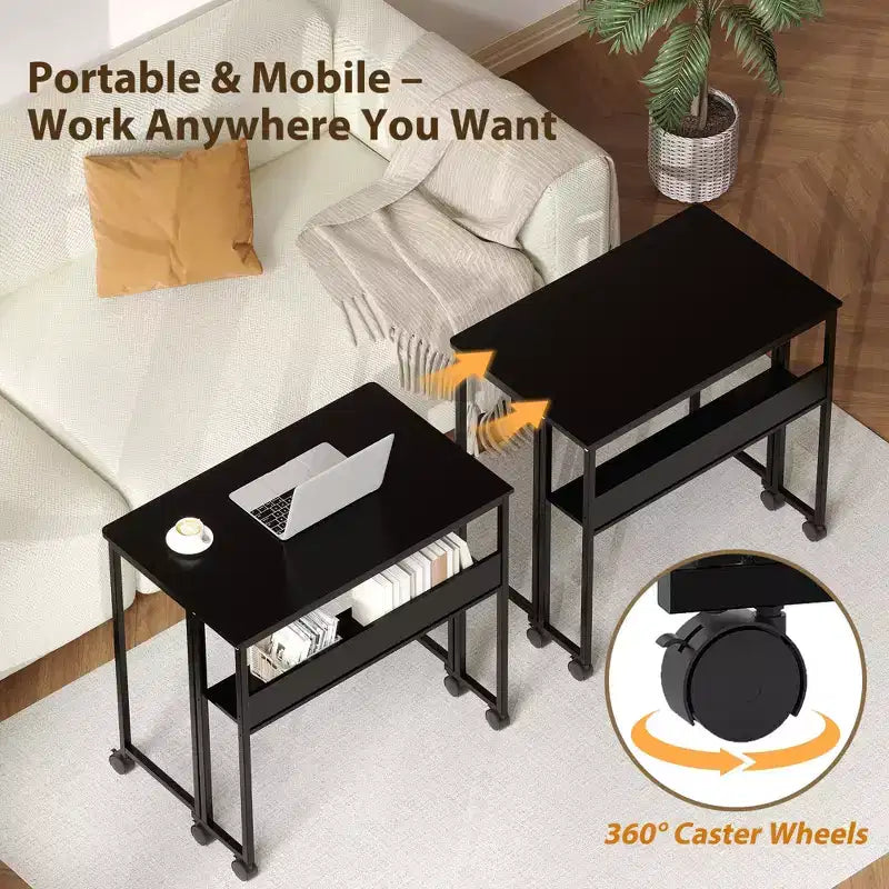 Bureau pliable petit bureau roulant avec étagère de rangement, table d'ordinateur pliable de 80 cm pour petits espaces, table de canapé peu encombrante avec roulettes