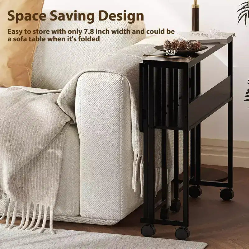 Bureau pliable petit bureau roulant avec étagère de rangement, table d'ordinateur pliable de 80 cm pour petits espaces, table de canapé peu encombrante avec roulettes
