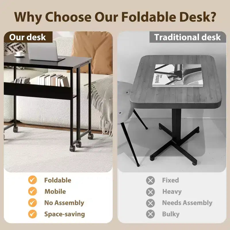 Bureau pliable petit bureau roulant avec étagère de rangement, table d'ordinateur pliable de 80 cm pour petits espaces, table de canapé peu encombrante avec roulettes